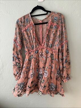 For Love & Lemons Peach Floral V-Neck Mini Dress